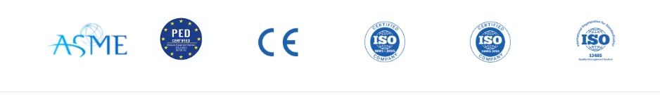 Certification marks: ASME, PED Certified, CE, ISO 9001:2008, ISO 18001:2005, and ISO 13485