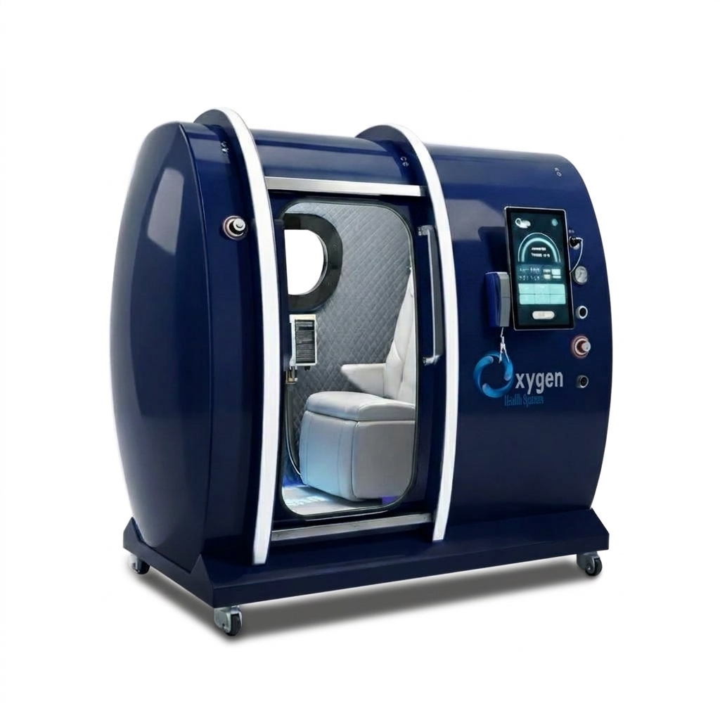 Executive XLS-40 hyperbaric chamber in sapphire blue with white arch frames and grey interior seat