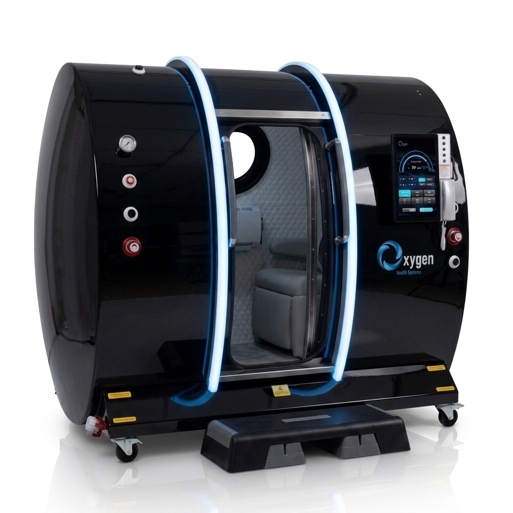 Executive XLS-40 hyperbaric chamber in glossy black with blue LED arches and grey interior seat