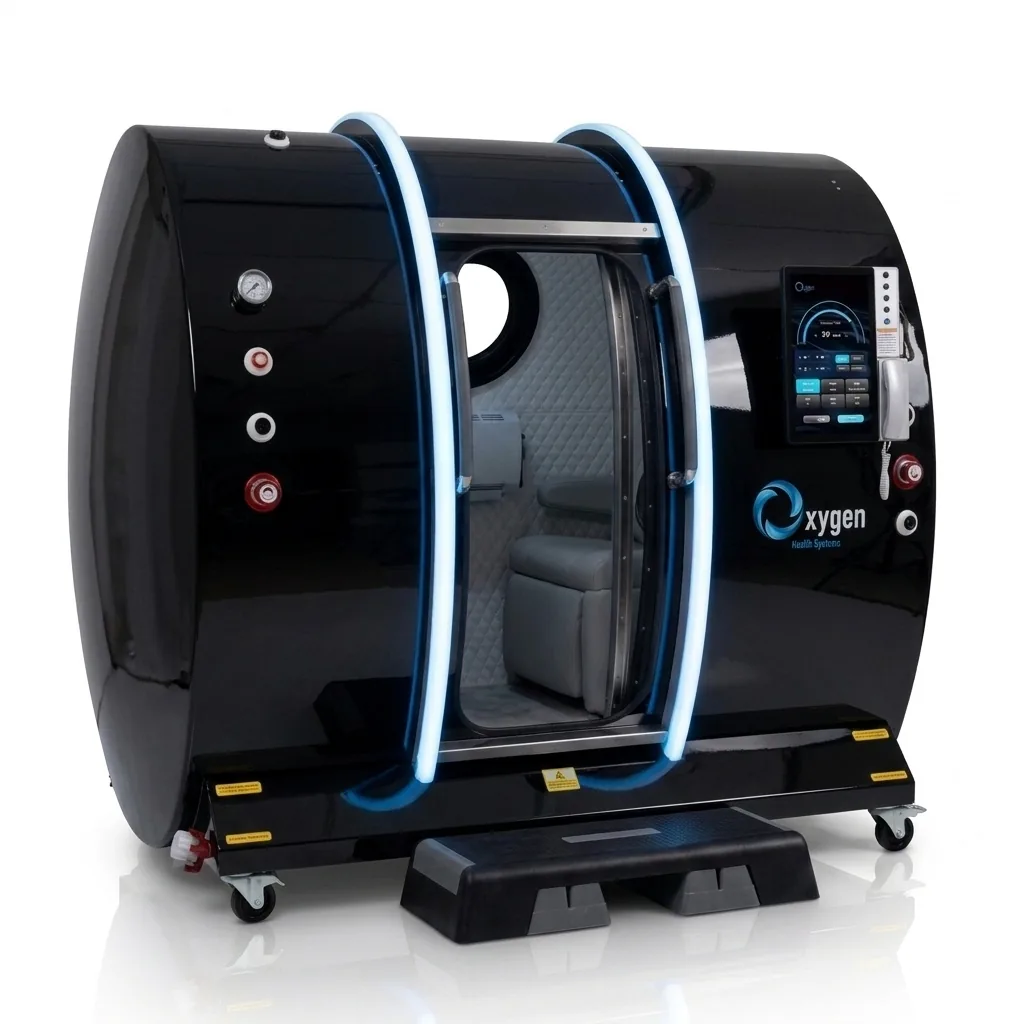 Executive XLS-40 hyperbaric chamber in glossy black with blue LED arches and grey interior seat