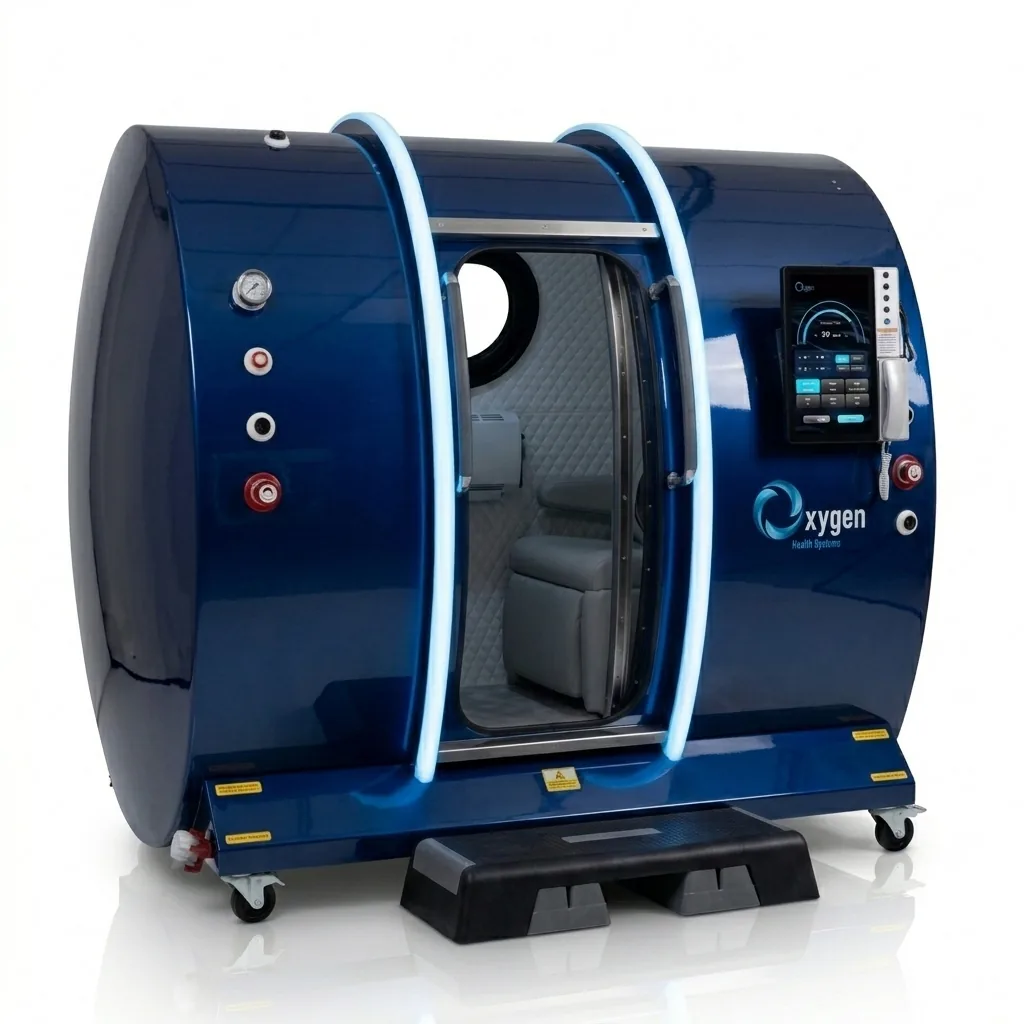 Executive XLS-40 hyperbaric chamber in deep ocean blue with illuminated blue LED entry arches