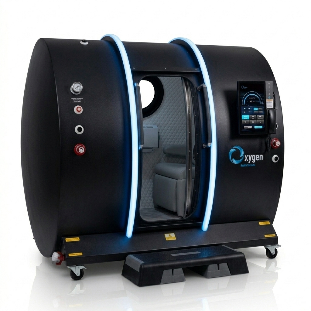 Executive XLS-40 hyperbaric chamber in matte black with blue LED arches and grey interior seat