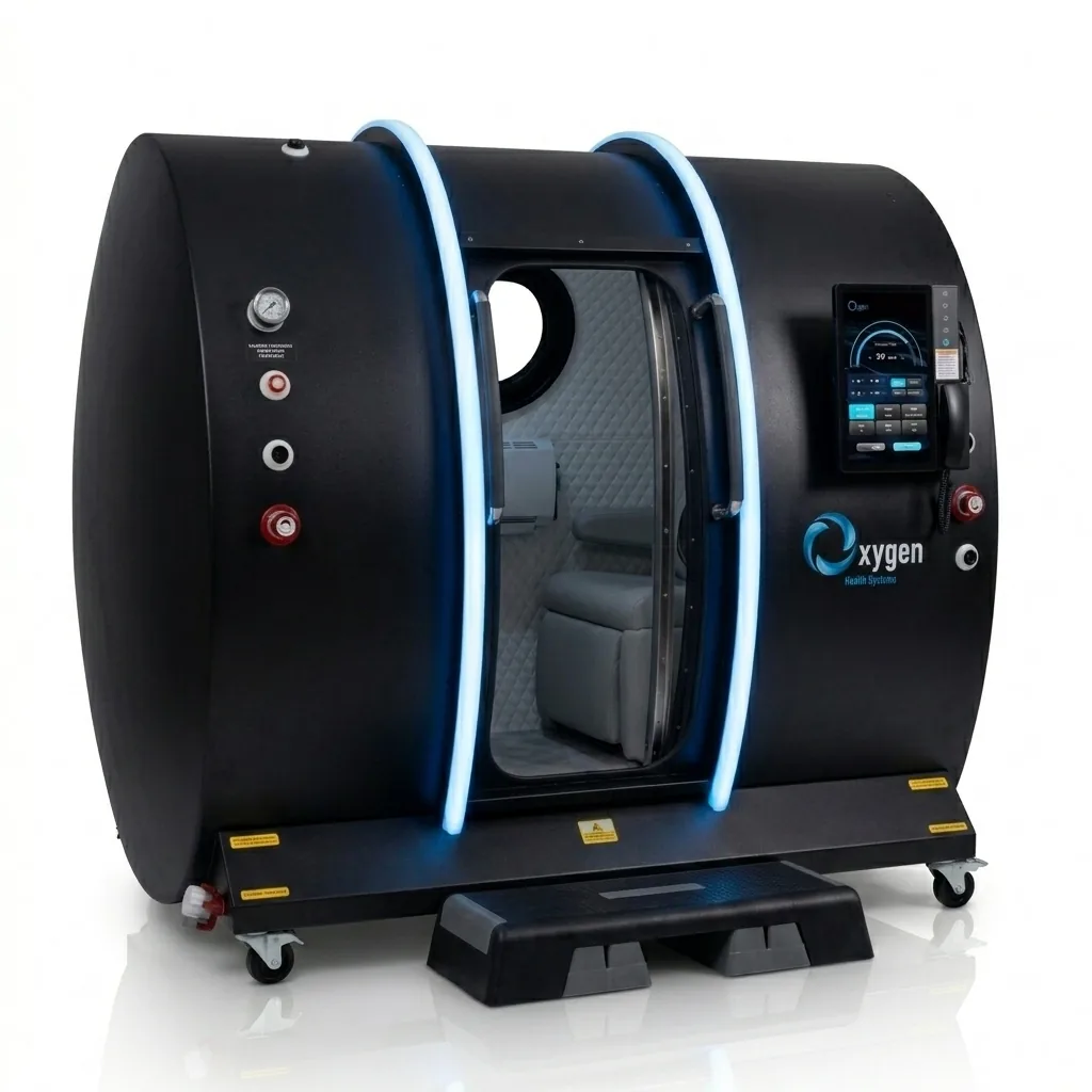 Executive XLS-40 hyperbaric chamber in matte black with blue LED arches and grey interior seat