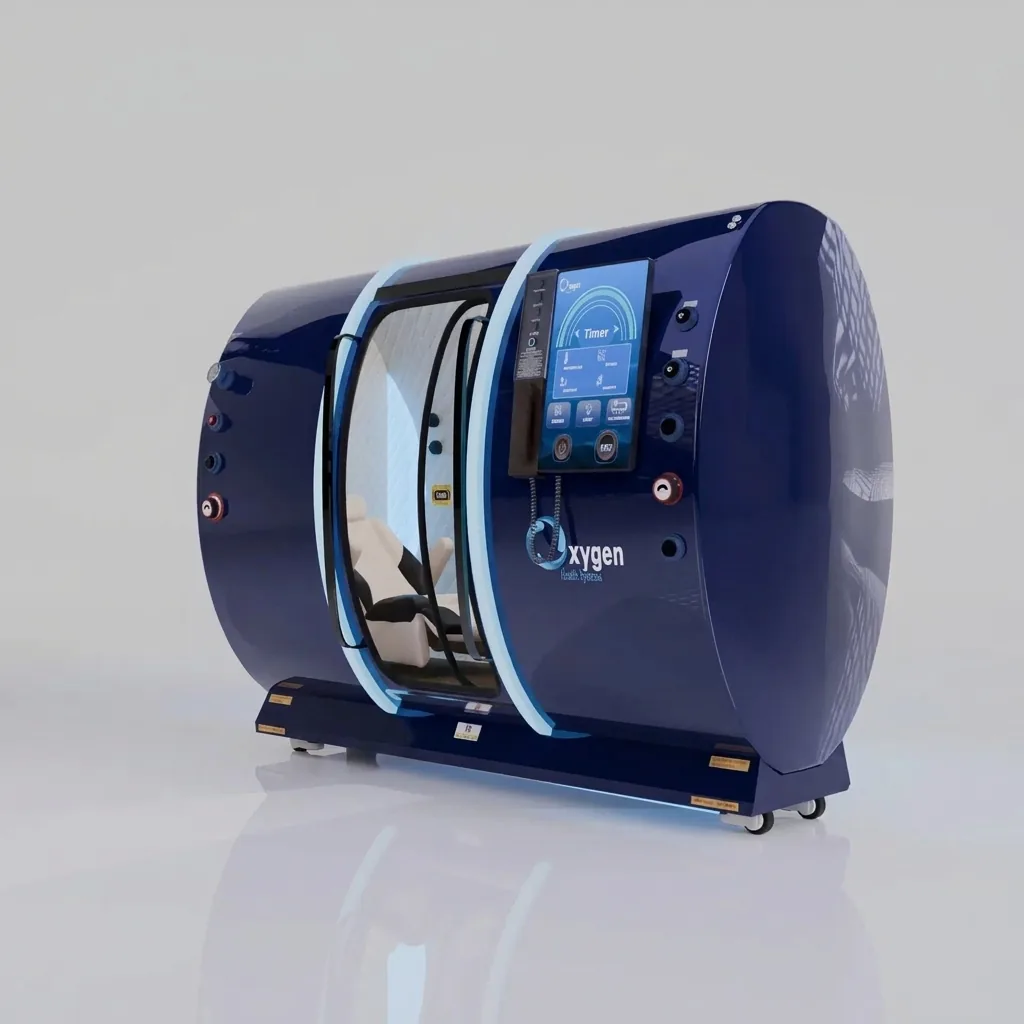 Executive XLS-40 hyperbaric chamber in glossy ocean blue, side view with Timer touchscreen and cream reclining seat