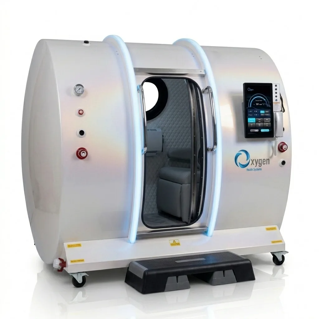 Executive XLS-40 hyperbaric chamber in glossy pearl white with blue LED arches and grey interior