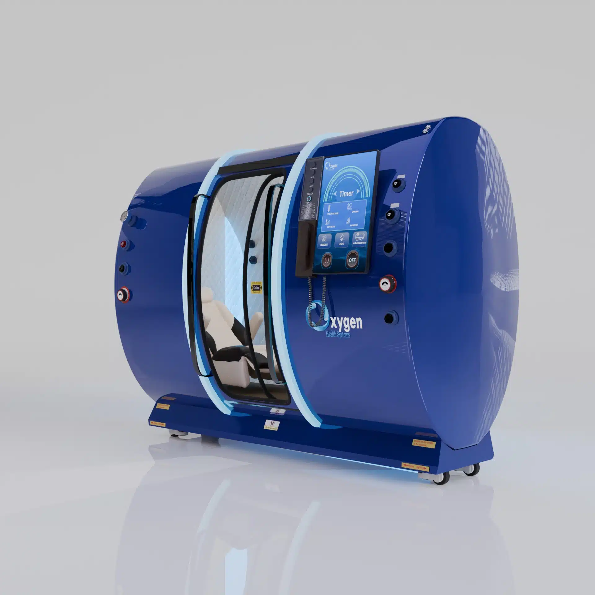 Executive XLS-40 hyperbaric chamber in glossy royal blue with touchscreen control panel and cream interior seat