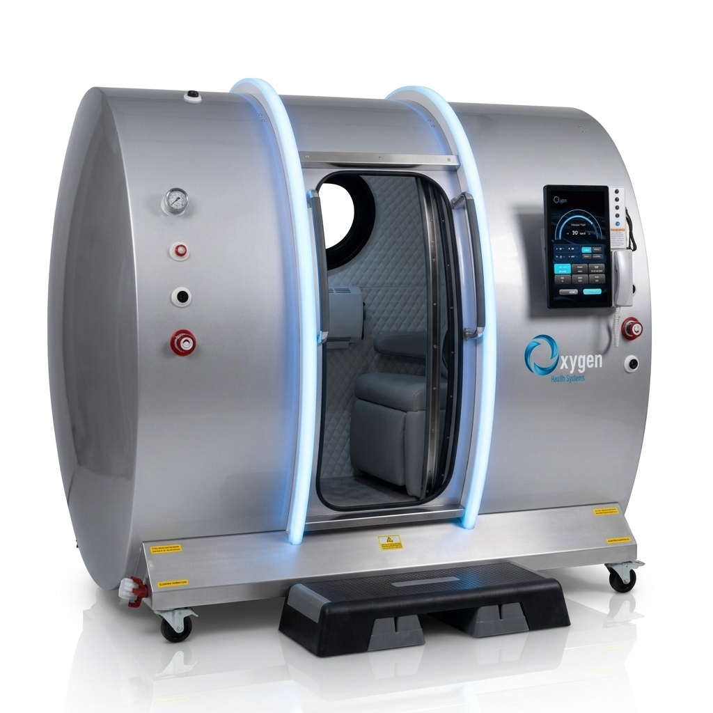 Executive XLS-40 hyperbaric chamber in brushed silver with blue LED arches and quilted grey interior