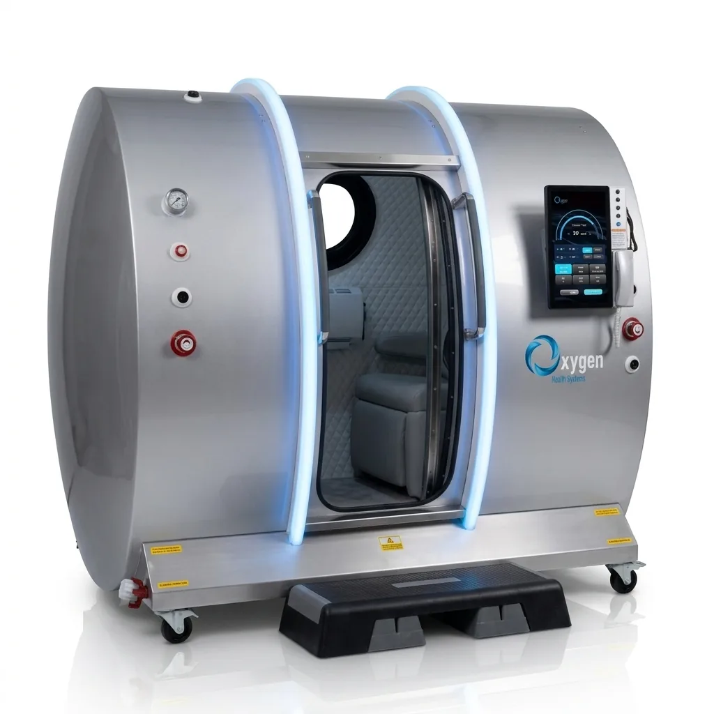 Executive XLS-40 hyperbaric chamber in brushed silver with blue LED arches and quilted grey interior