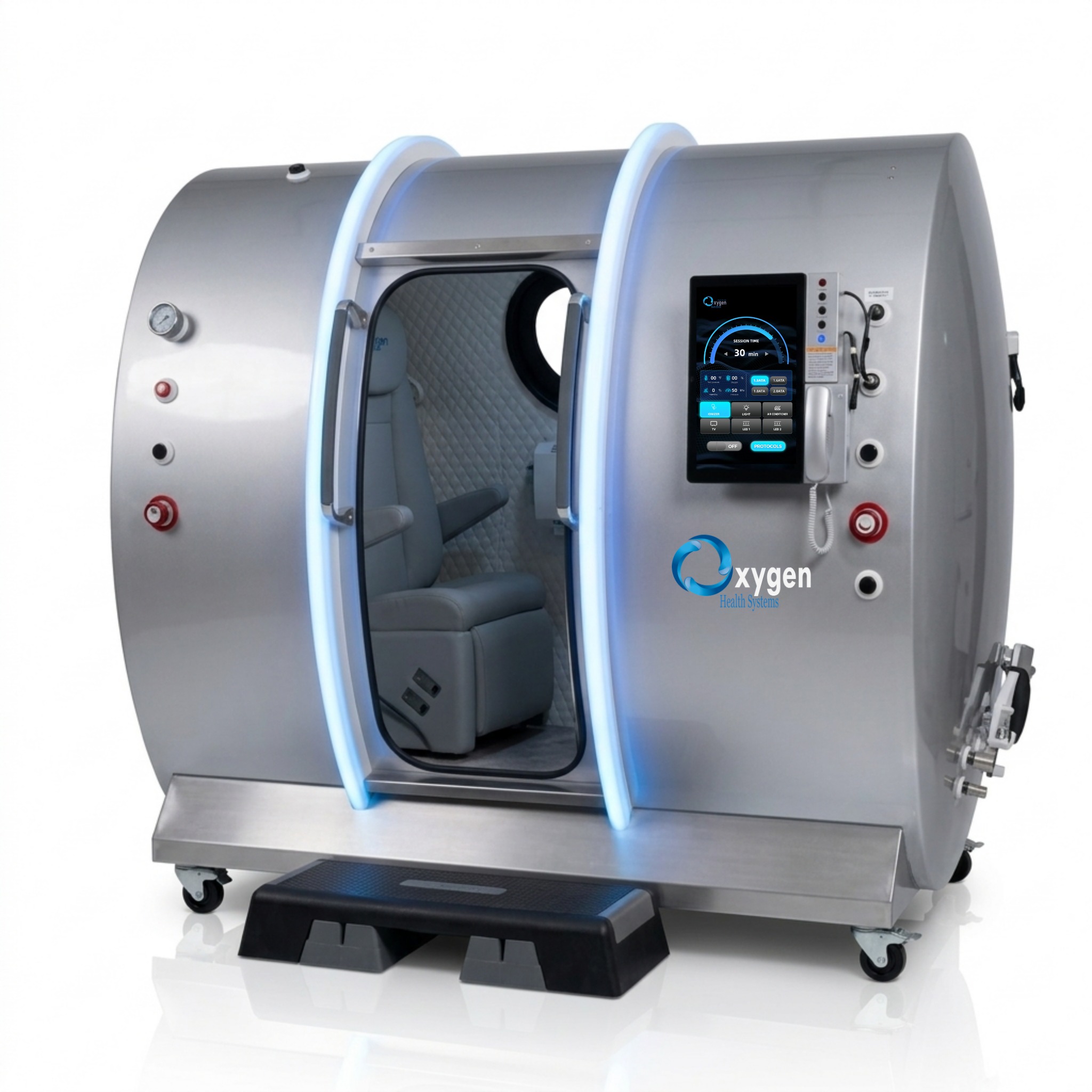 Executive XLS-40 hyperbaric chamber in titanium silver, front angle with session-time touchscreen
