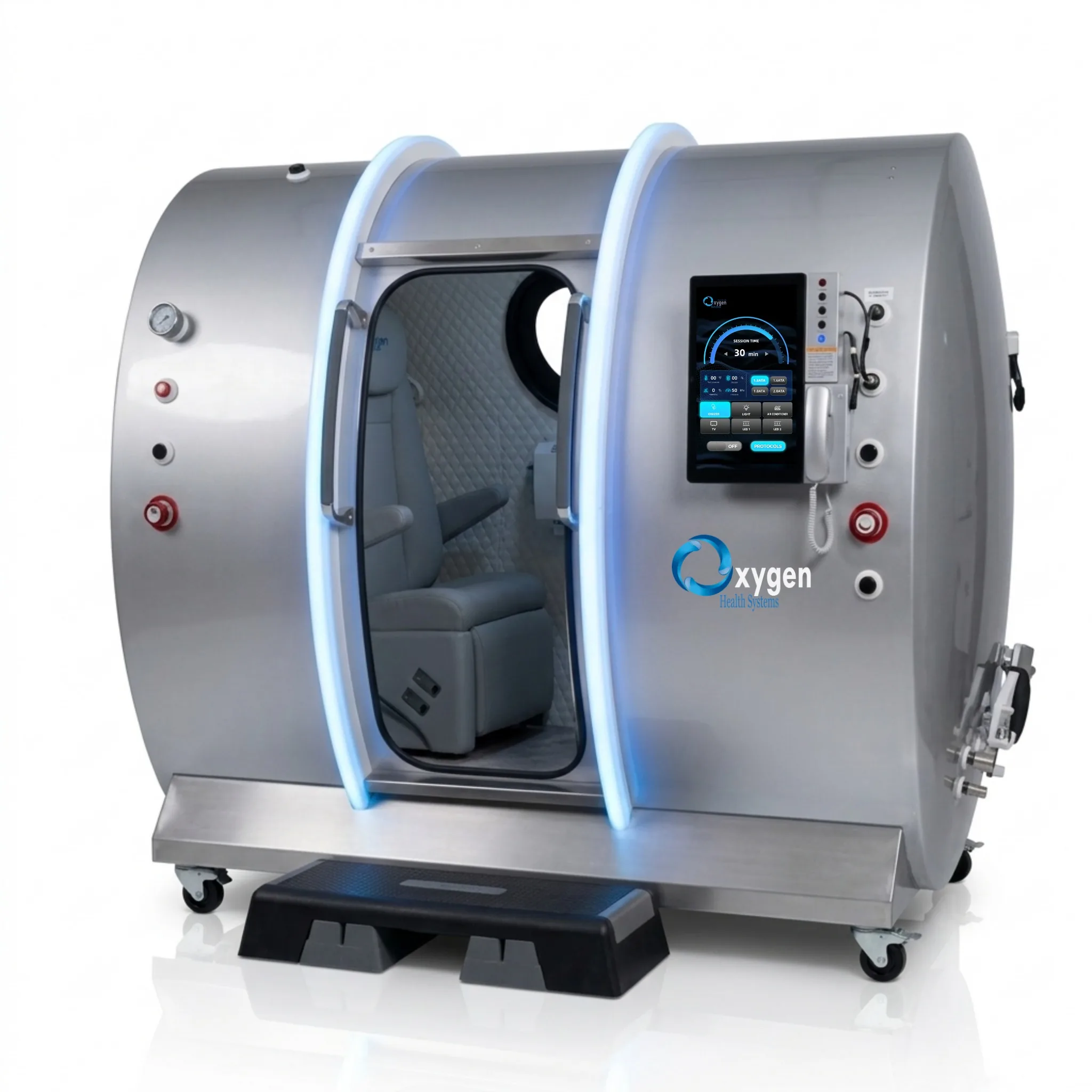 Executive XLS-40 hyperbaric chamber in titanium silver, front angle with session-time touchscreen