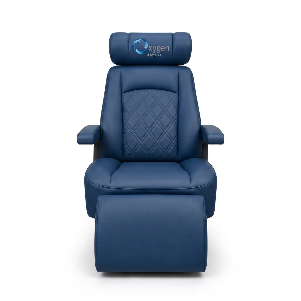 Navy Blue extended-footrest recliner for the Executive XLS-40 hyperbaric chamber