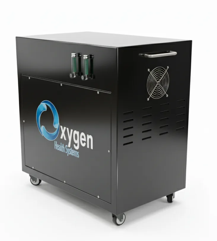 Glossy black Oxygen Health Systems 20 LPM oxygen generator on casters, front-left angle with dual flow meters, cooling fan, and ventilation slots