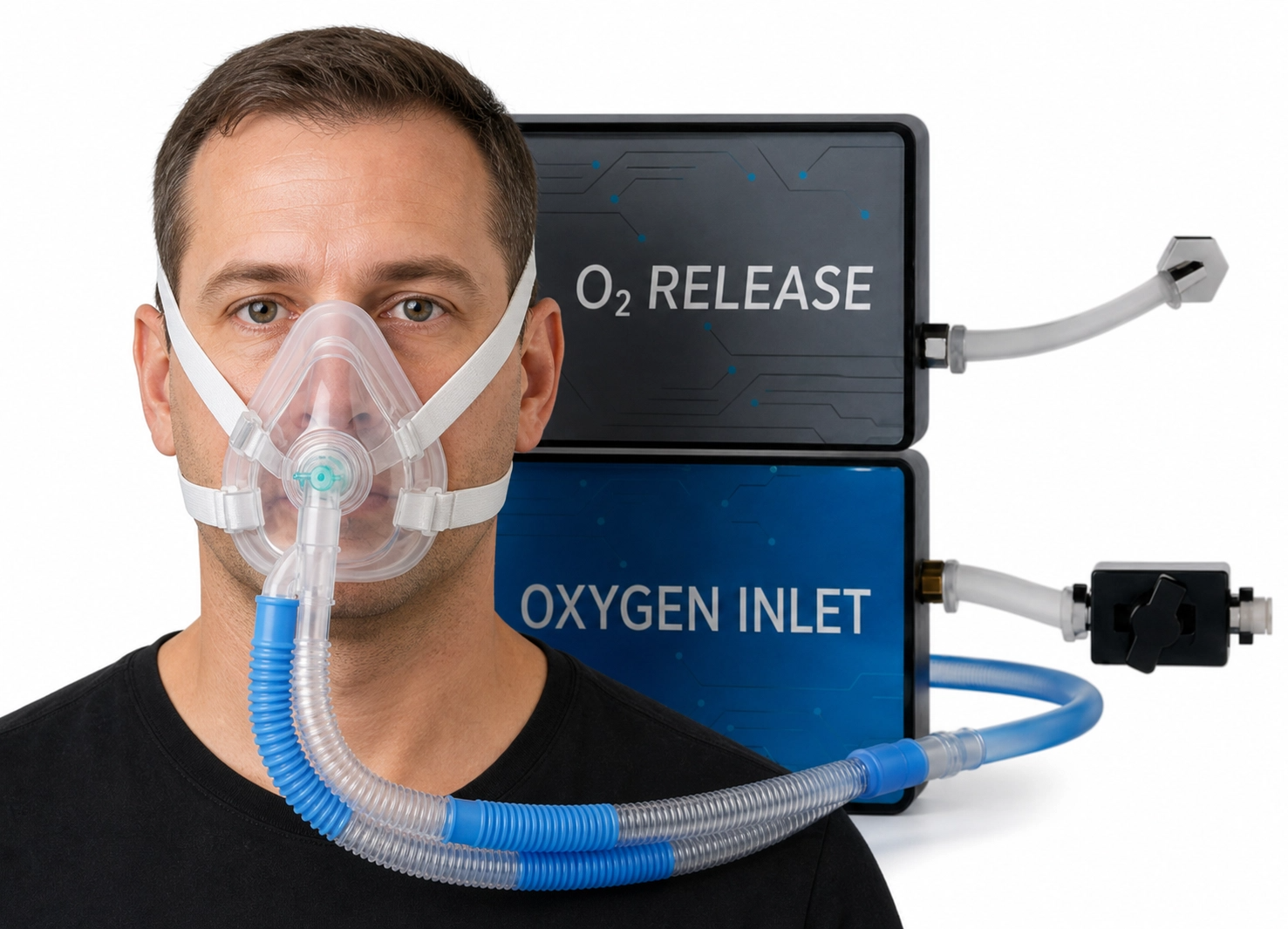 Lightweight BIBS oxygen delivery facemask with head straps connected via blue oxygen inlet and clear exhalation hoses to dual clinical control units labeled O2 Release and Oxygen Inlet