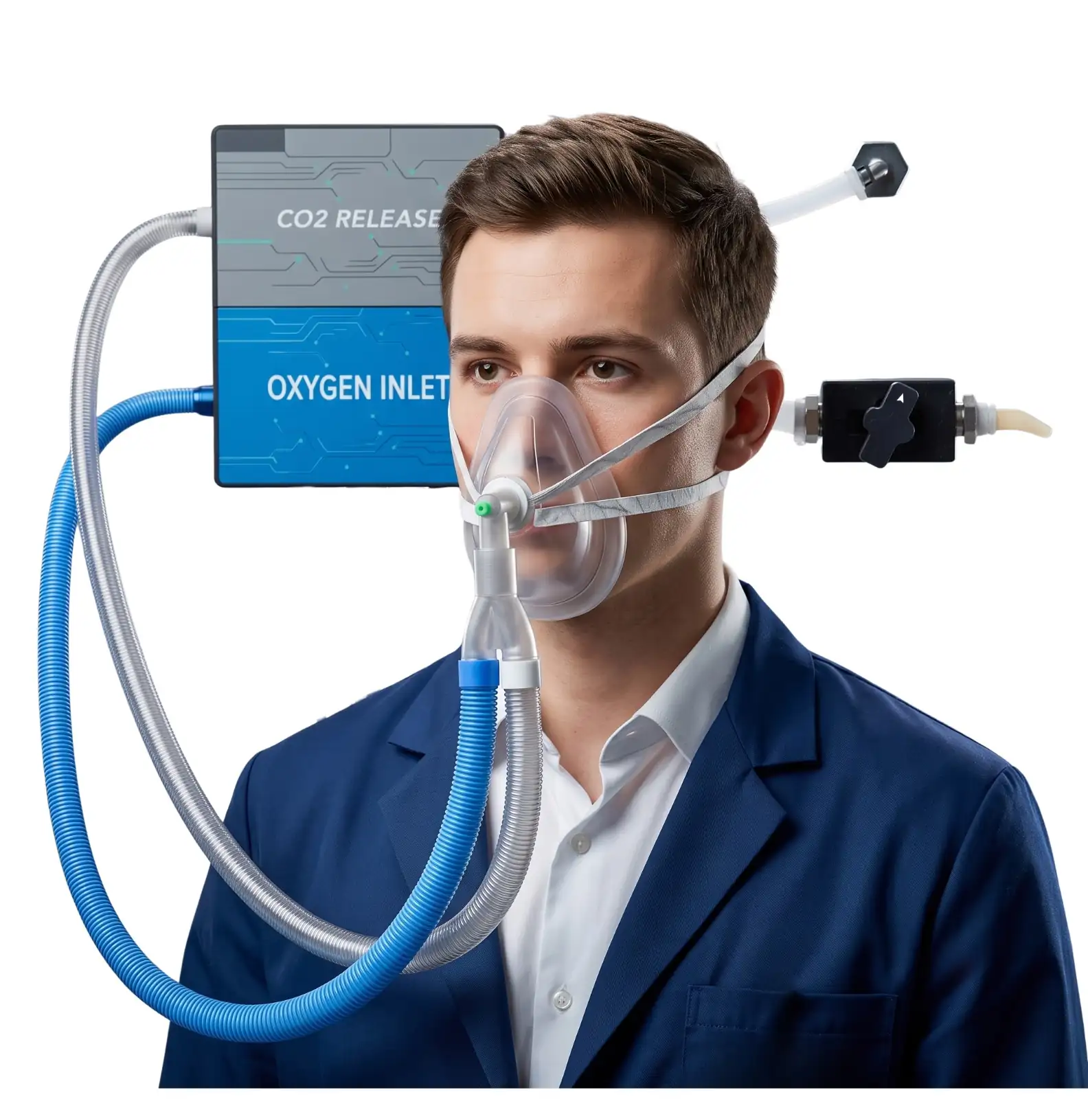 Lightweight BIBS oxygen delivery facemask with head straps connected via blue oxygen inlet and clear exhalation hoses to dual clinical control units labeled O2 Release and Oxygen Inlet