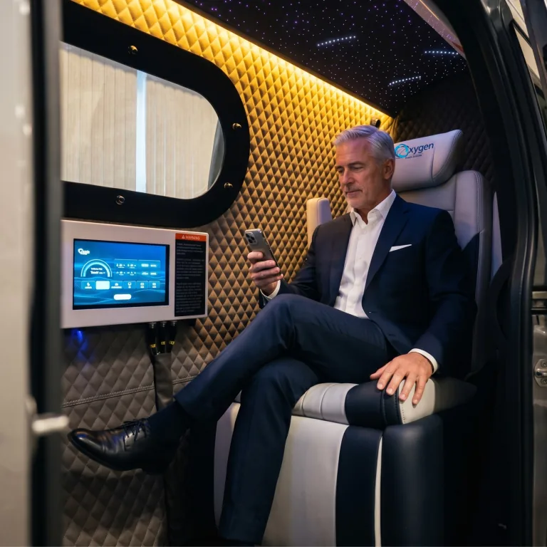 A man relaxing on his phone inside the spacious XLS-40 cabin with a reclining seat, touchscreen control panel, oval window, and ambient starlight ceiling